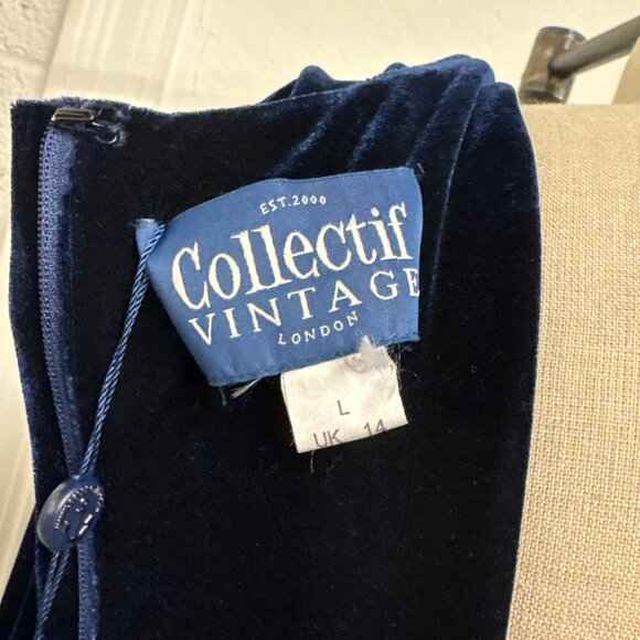 Collectif Vintage Navy Lexie Velvet Maxi Dress L UK 14 Long Sleeve Draped V-Neck - Picture 11 of 13